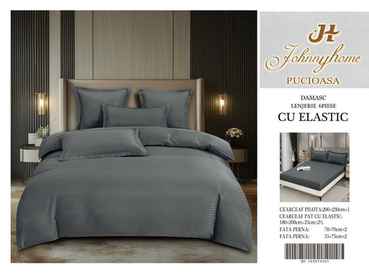 Lenjerie Bumbac Damasc 6 Piese cu Elastic, Gri Inchis-H8278