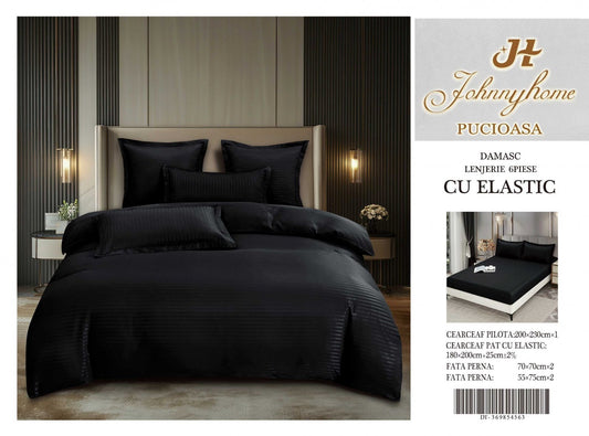 Lenjerie Bumbac Damasc 6 Piese cu Elastic, Negru-H8277