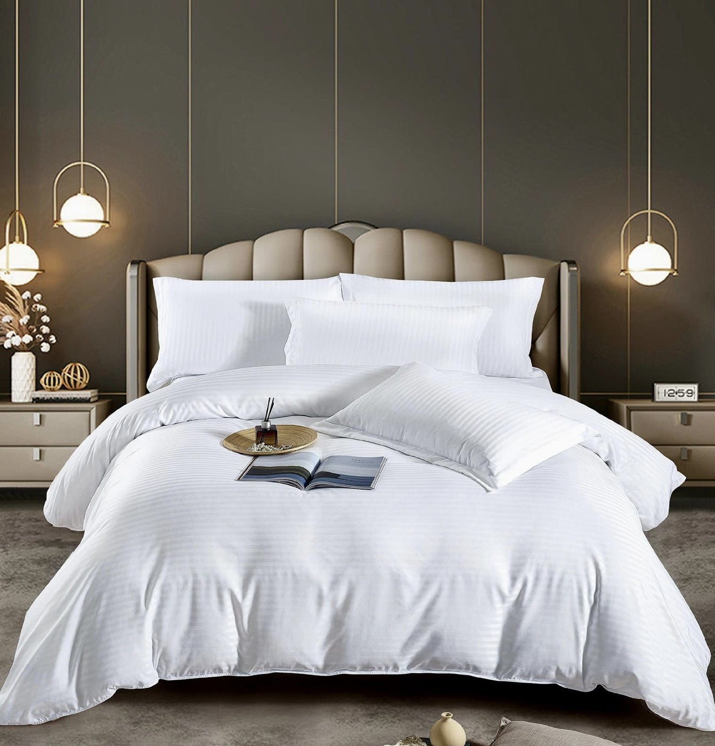 Lenjerie Bumbac Damasc Deluxe, 6 Piese cu Elastic, Alba-C5082