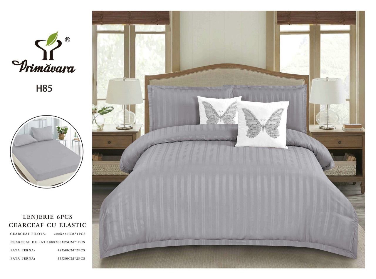 Lenjerie Bumbac Damasc 6 Piese cu Elastic, Gri Deschis-P5295