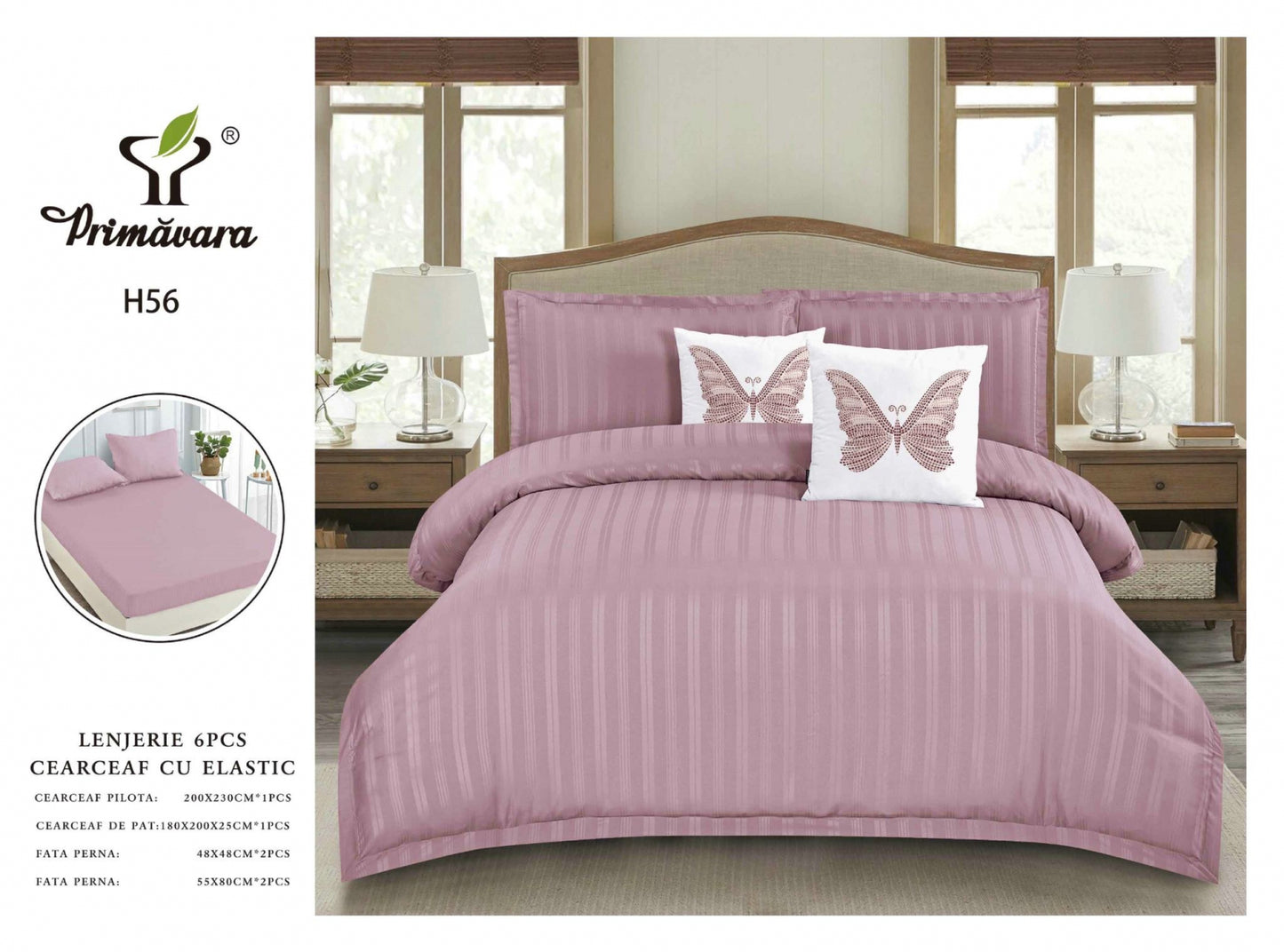 Lenjerie Bumbac Damasc 6 Piese cu Elastic, Lila-P5297