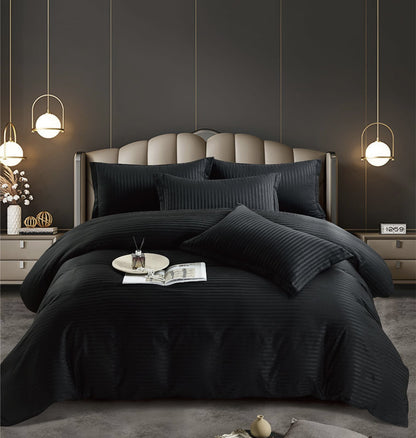 Lenjerie Bumbac Damasc Deluxe, 6 Piese cu Elastic, Negru-C5017