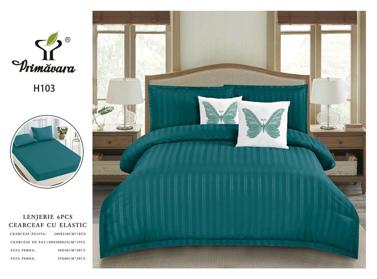 Lenjerie Bumbac Damasc 6 Piese cu Elastic, Verde Inchis-P5291