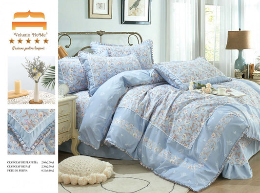 Lenjerie Bumbac Finet Premium 4 Piese cu Volanase, Albastru/Floricele-M4651