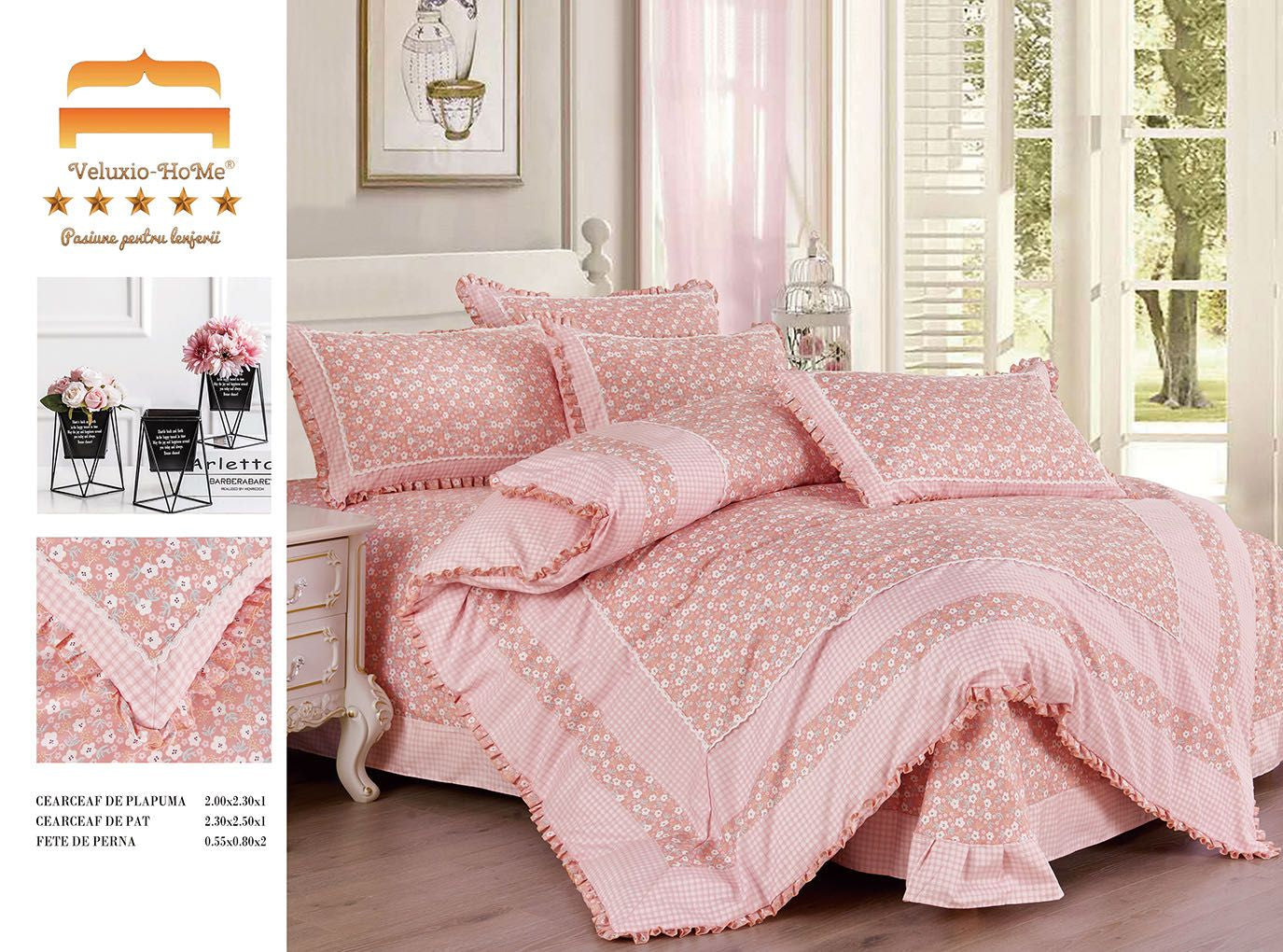 Lenjerie Bumbac Finet Premium 4 Piese cu Volanase, Roz/Floricele-M4661