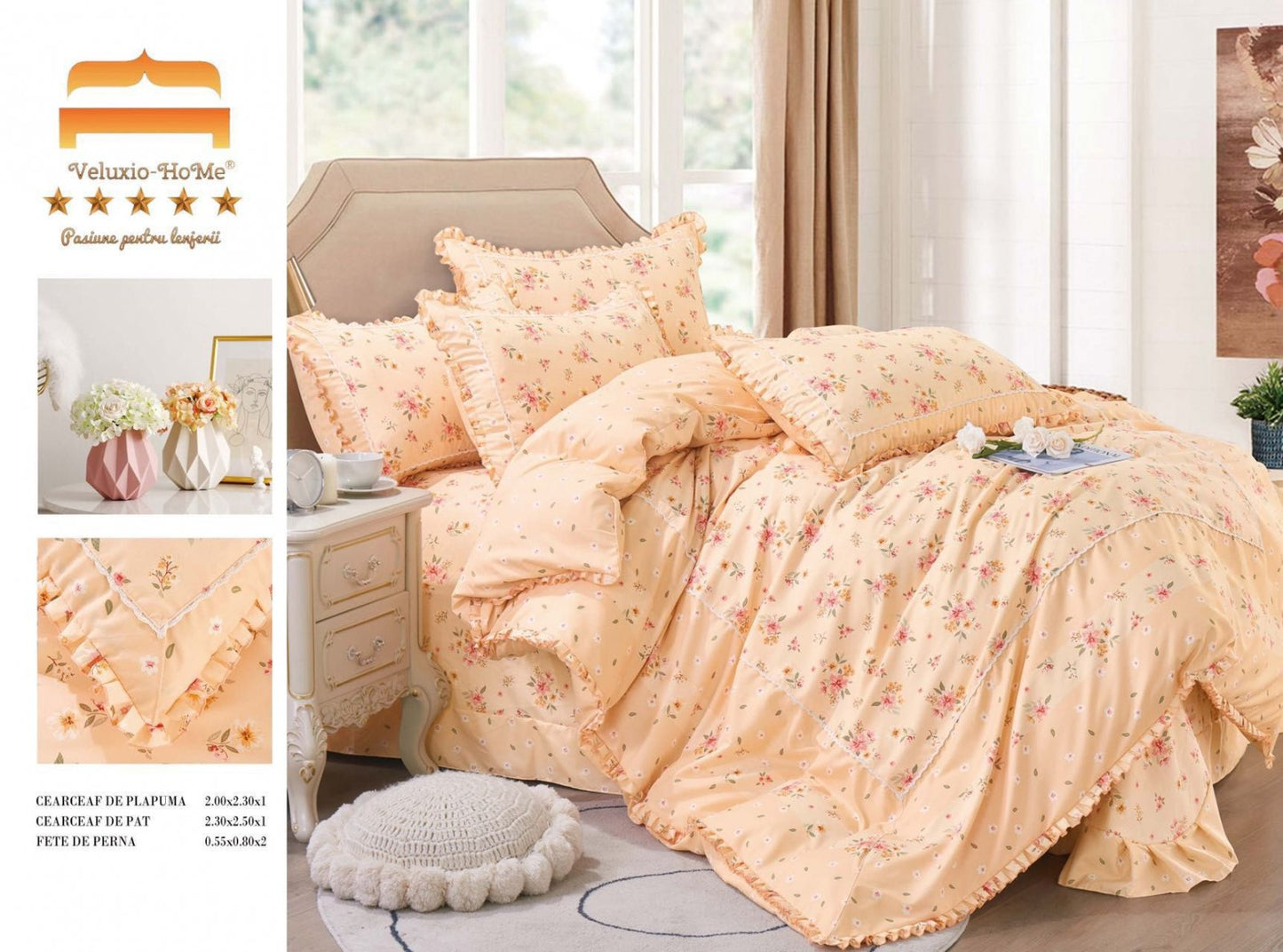 Lenjerie Bumbac Finet Premium 4 Piese cu Volanase, Portocaliu/Floricele-M4652