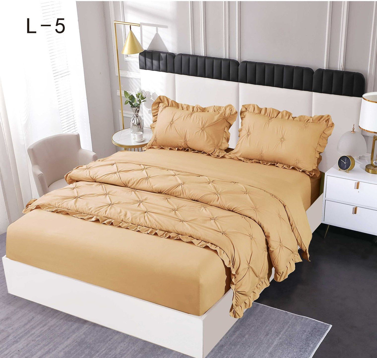 Lenjerie Bumbac Finetat 4 Piese cu Elastic, cu Volanase si Pliuri Brodate, Bej-SEP6247