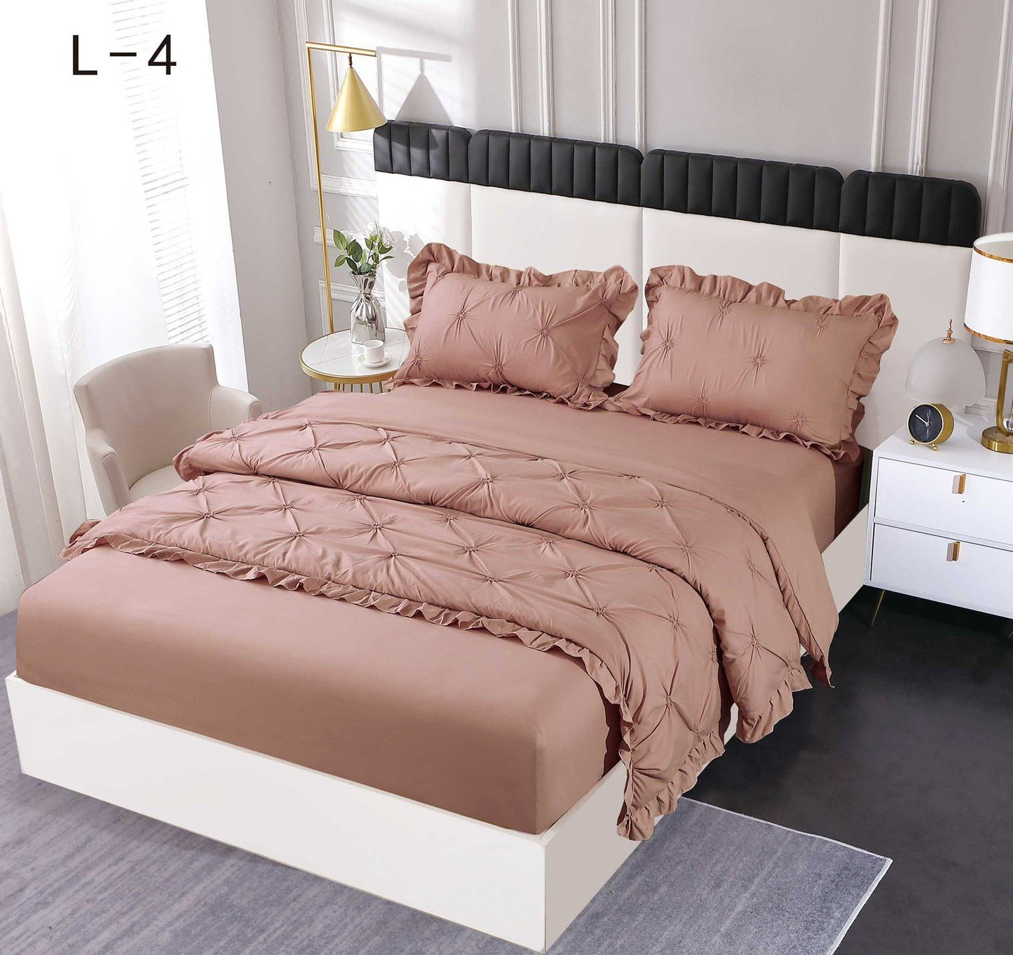 Lenjerie Bumbac Finetat 4 Piese cu Elastic, cu Volanase si Pliuri Brodate, Maro-SEP6254