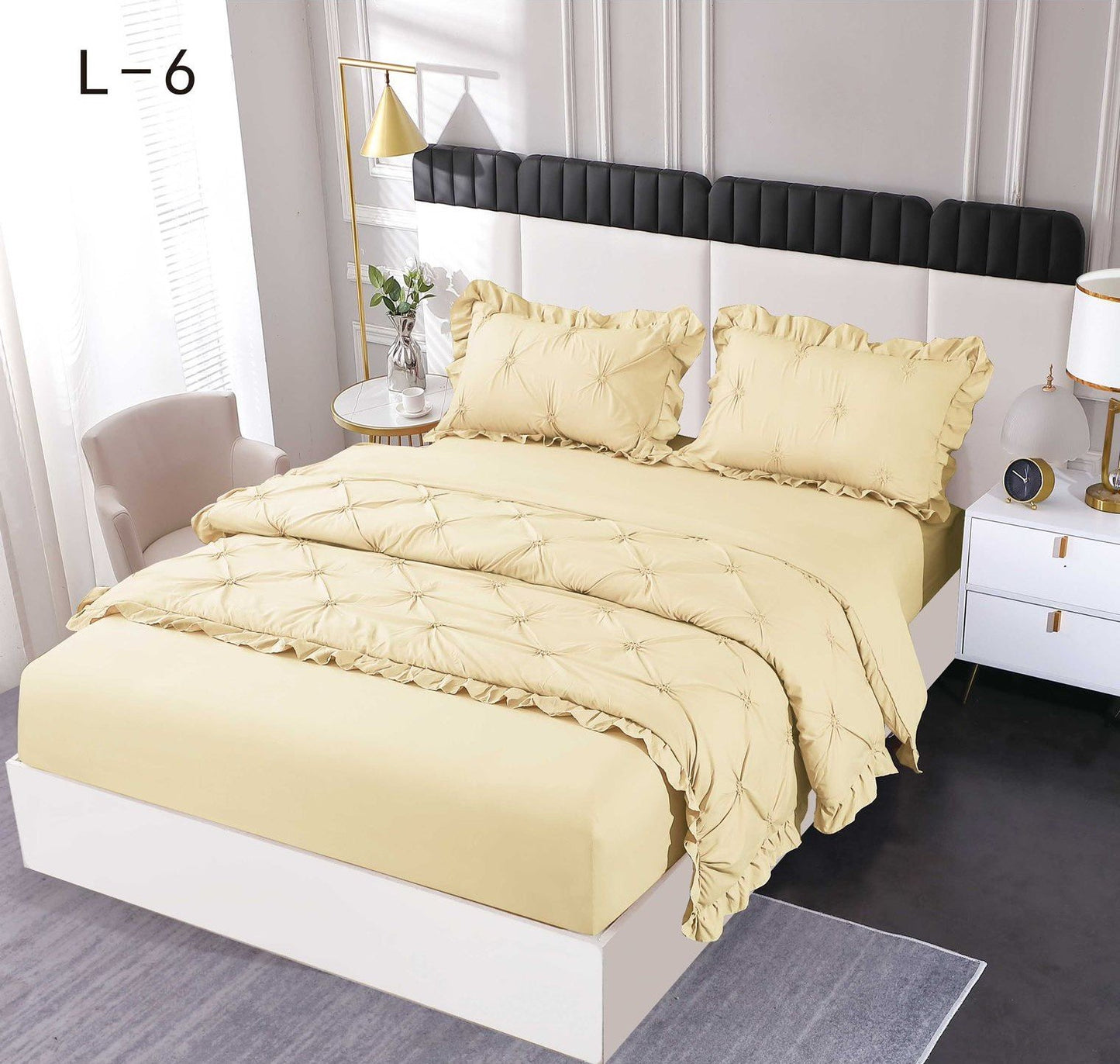 Lenjerie Bumbac Finetat 4 Piese cu Elastic, cu Volanase si Pliuri Brodate, Galben Pal-SEP6252