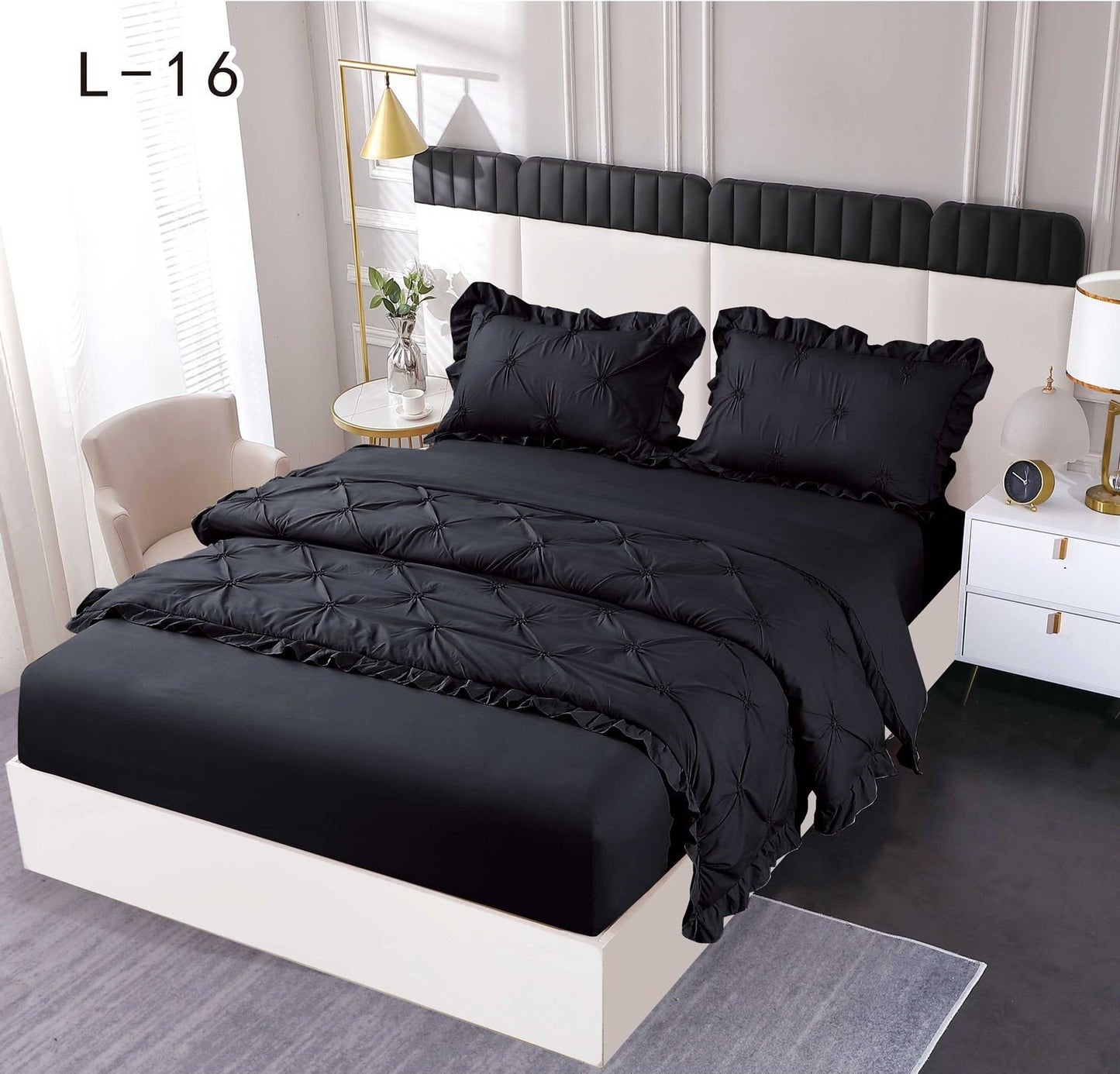 Lenjerie Bumbac Finetat 4 Piese cu Elastic, cu Volanase si Pliuri Brodate, Negru-SEP6251