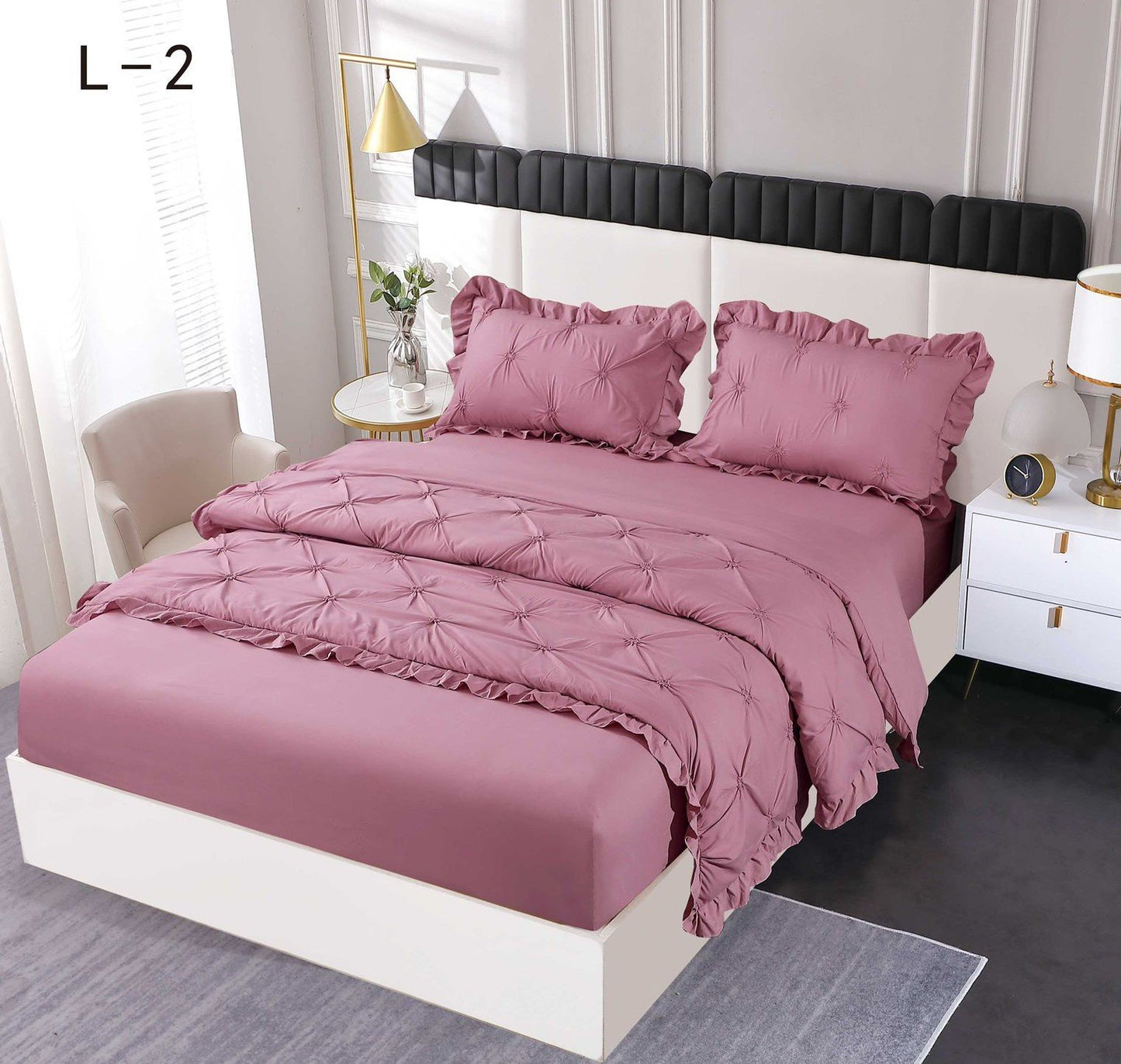 Lenjerie Bumbac Finetat 4 Piese cu Elastic, cu Volanase si Pliuri Brodate, Roz Inchis-SEP6257