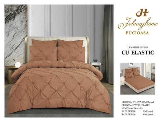 Lenjerie Bumbac Premium 6 Piese, cu Elastic si Pliuri Brodate, Maro-H5443