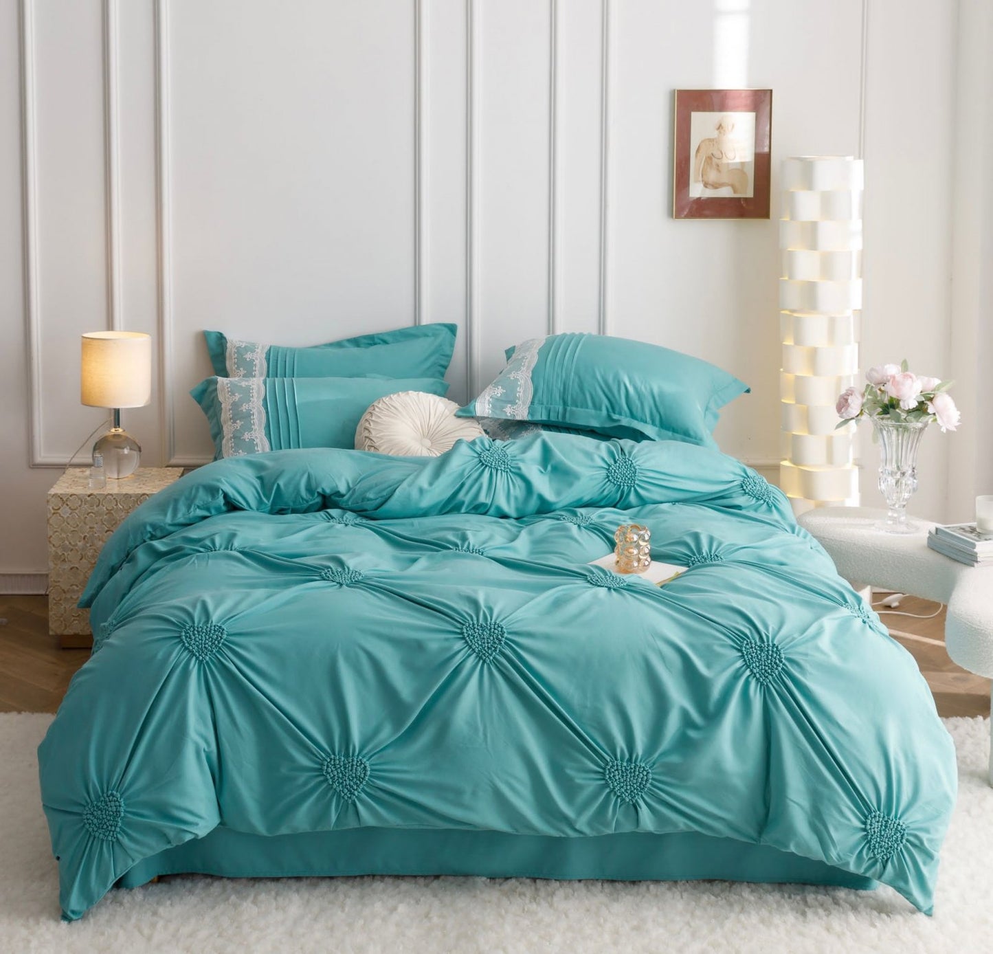 Lenjerie Bumbac Finetat Premium, Soft Touch, 6 Piese, cu Inimi Brodate, Vernil