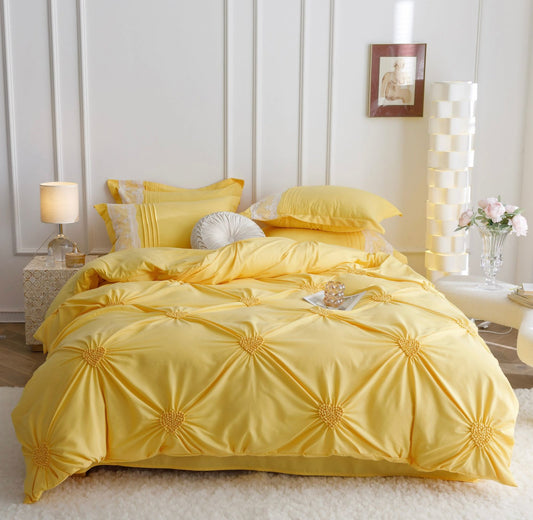 Lenjerie Bumbac Finetat Premium, Soft Touch, 6 Piese, cu Inimi Brodate, Galben