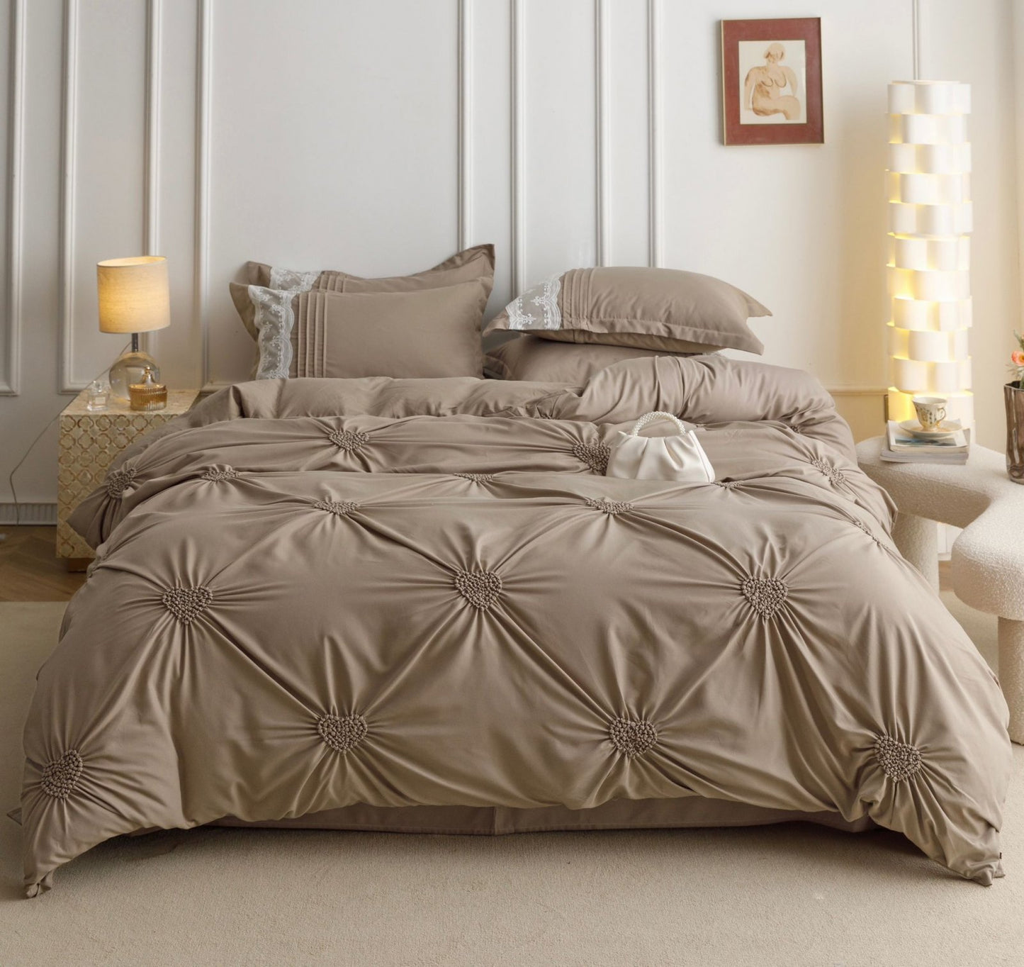 Lenjerie Bumbac Finetat Premium, Soft Touch, 6 Piese, cu Inimi Brodate, Cappuccino