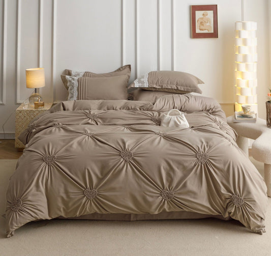 Lenjerie Bumbac Finetat Premium, Soft Touch, 6 Piese, cu Inimi Brodate, Cappuccino