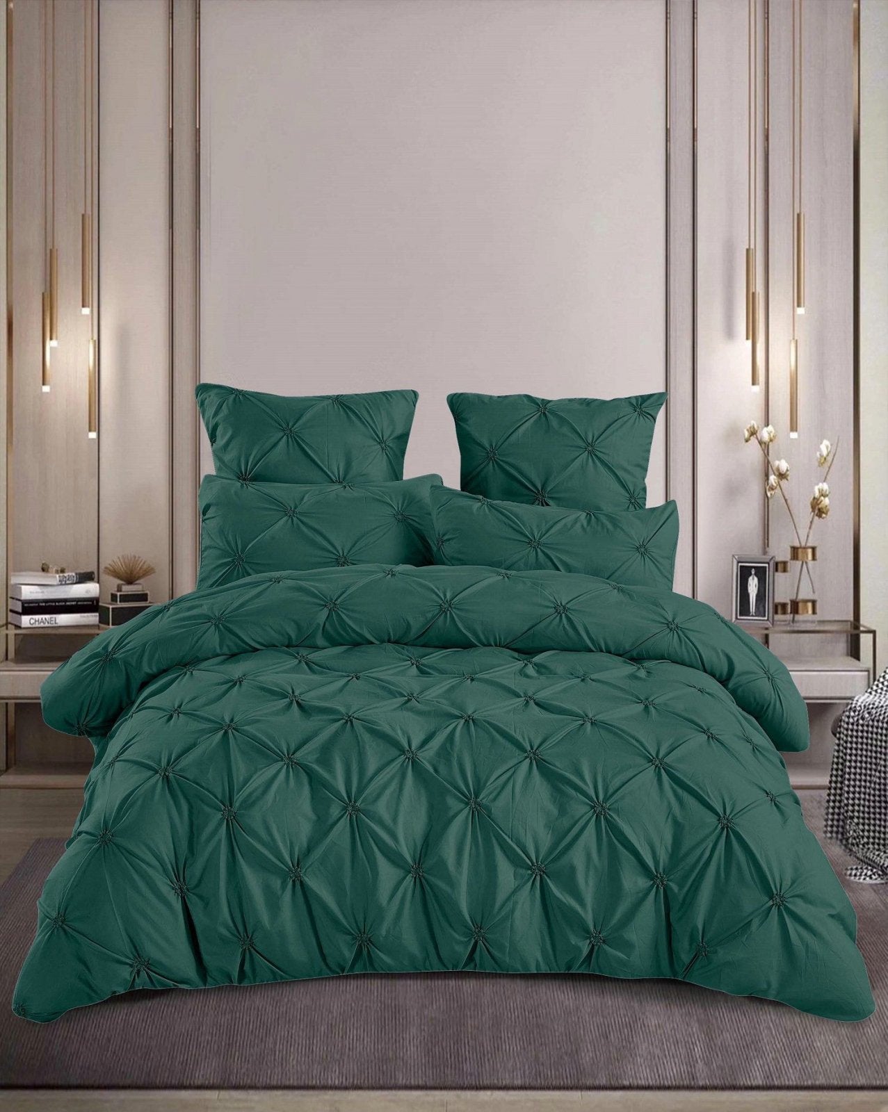 Lenjerie Bumbac Premium 6 Piese cu Pliuri Brodate, Verde-M8195