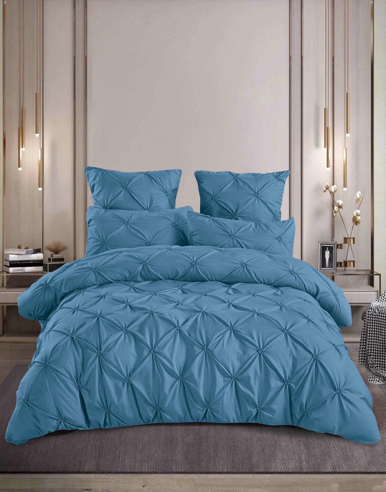 Lenjerie Bumbac Premium 6 Piese cu Pliuri Brodate, Albastru-M8193