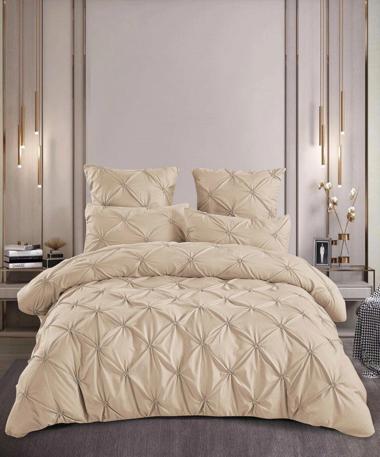 Lenjerie Bumbac Premium 6 Piese cu Pliuri Brodate, Bej-M8192