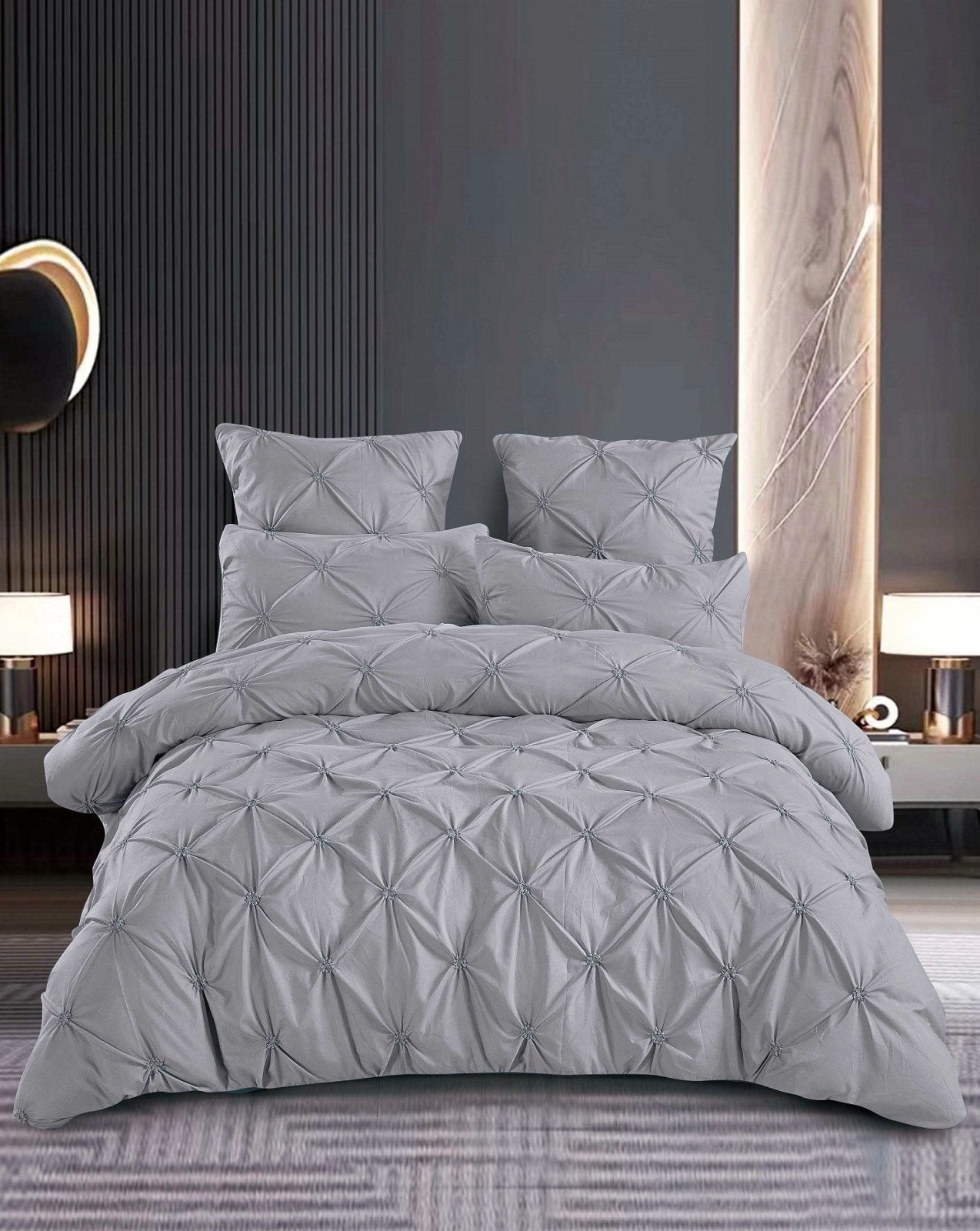 Lenjerie Bumbac Premium 6 Piese, cu Pliuri Brodate, Gri Deschis-M4491