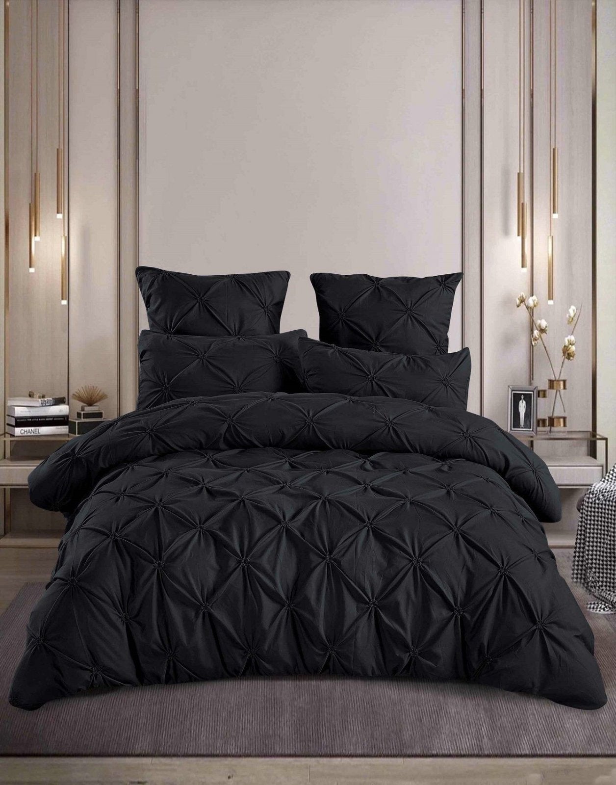 Lenjerie Bumbac Premium 6 Piese cu Pliuri Brodate, Negru-M4737