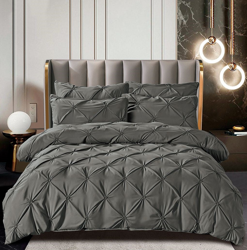 Lenjerie Bumbac Finetat Premium, Soft Touch, 6 Piese, cu Pliuri Brodate, Gri Inchis-C3033