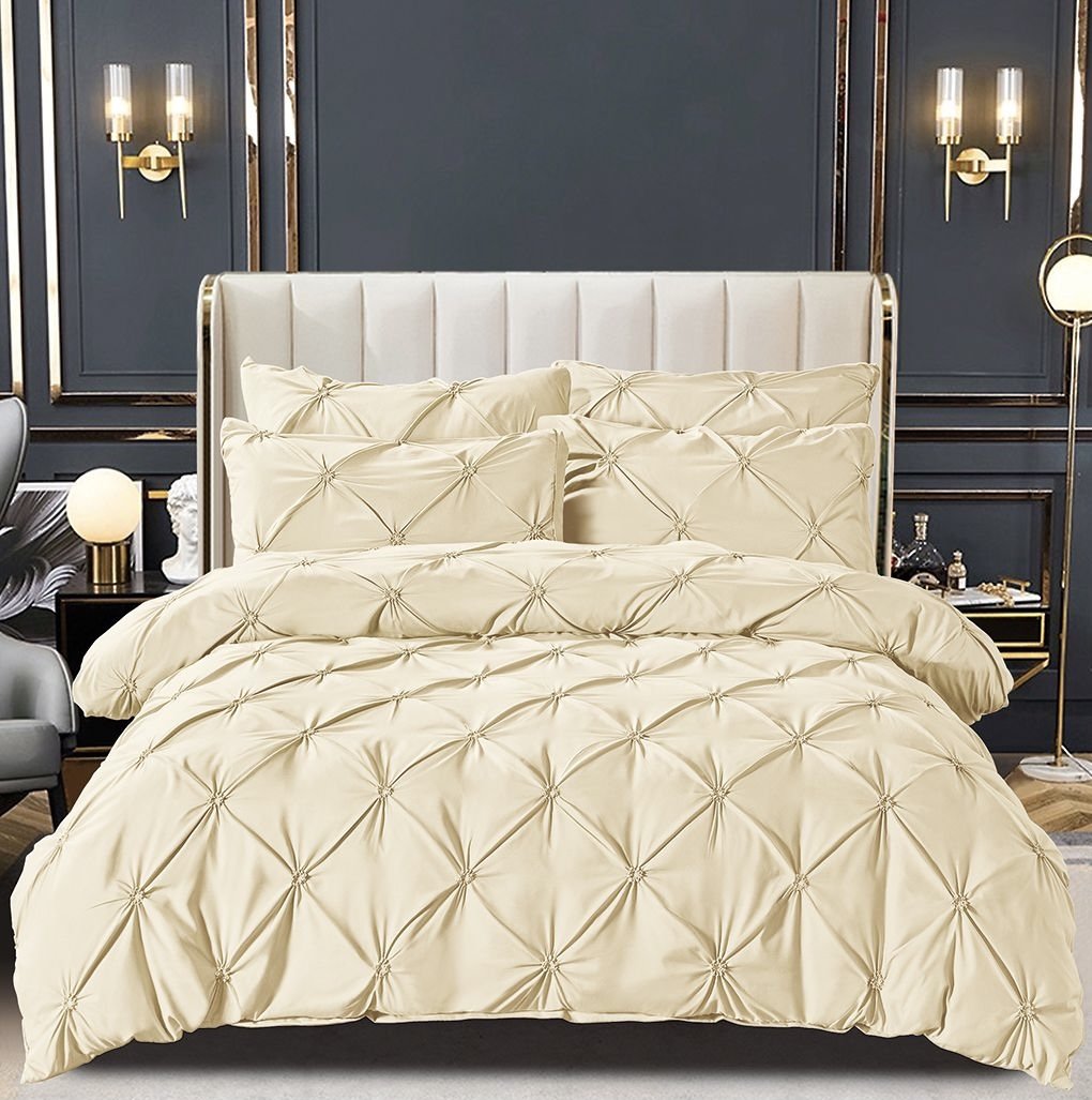 Lenjerie Bumbac Finetat Premium, Soft Touch, 6 Piese, cu Elastic Si Pliuri Brodate, Crem-C8256