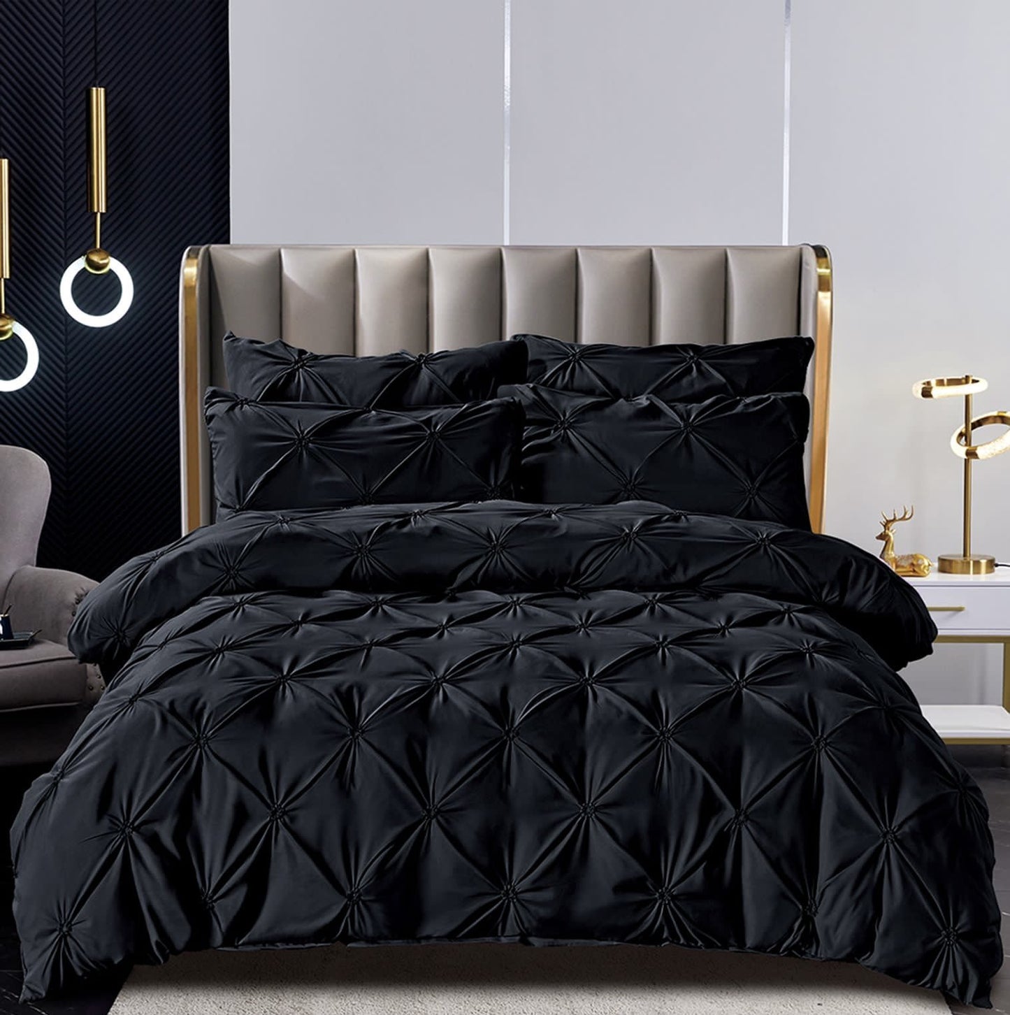 Lenjerie Bumbac Finetat Premium, Soft Touch, 6 Piese, cu Pliuri Brodate, Neagra-C3027