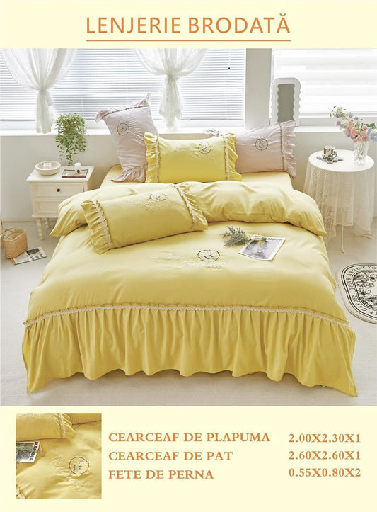 Lenjerie Bumbac Finetat Premium 4 Piese cu Volanase si Broderie, Galben-M6224