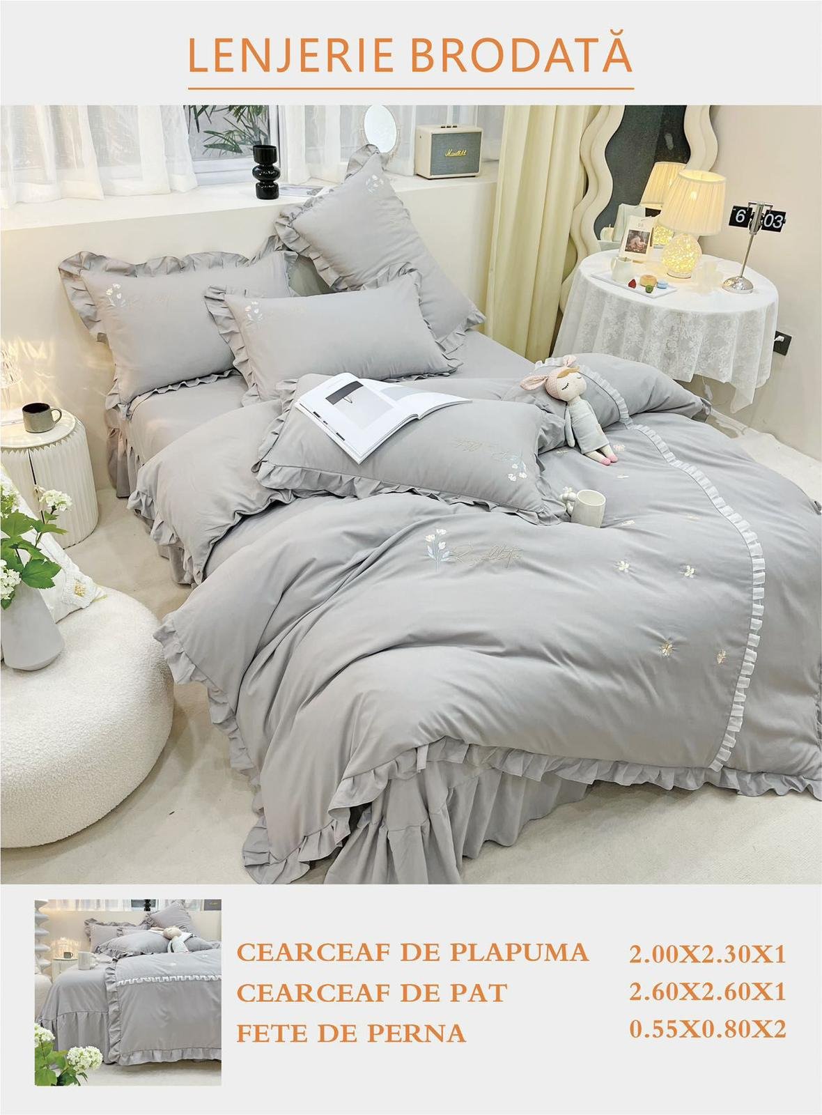 Lenjerie Bumbac Finetat Premium 4 Piese cu Volanase si Broderie, Gri-M6222