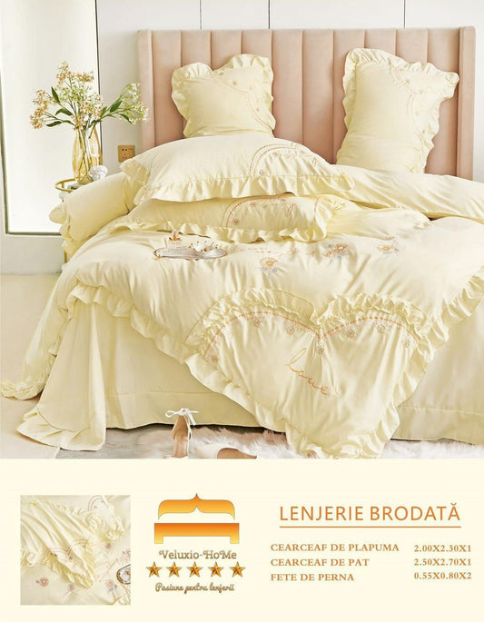 Lenjerie Bumbac Finetat Premium 4 Piese cu Volanase si Broderie, Galben-M6214