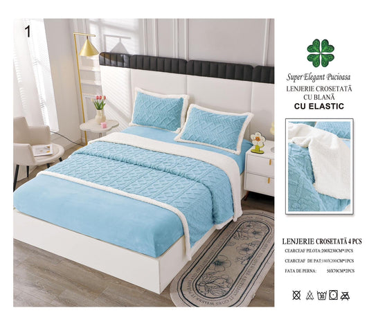 Lenjerie Crosetata Tip Tricotaj, cu Blanita, 4 Piese, cu Elastic, Bleu-V5535