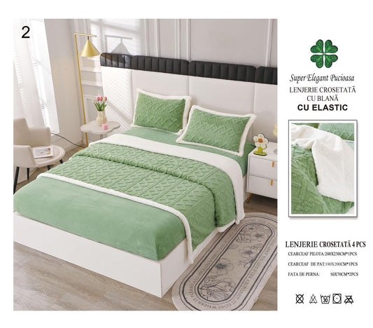 Lenjerie Crosetata Tip Tricotaj, cu Blanita, 4 Piese, cu Elastic, Verde Deschis-V5536