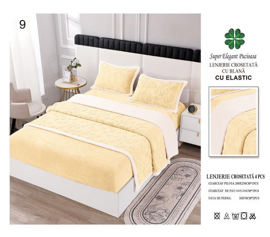 Lenjerie Crosetata Tip Tricotaj, cu Blanita, 4 Piese, cu Elastic ,Galben-V5539