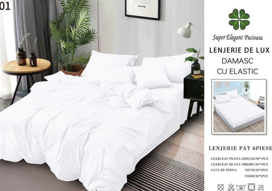 Lenjerie Bumbac Damasc Deluxe, 6 Piese cu Elastic, Alb-SEP10639