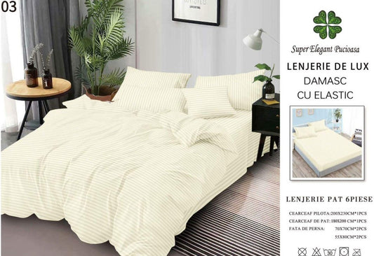 Lenjerie Bumbac Damasc Deluxe, 6 Piese cu Elastic, Crem-SEP10641