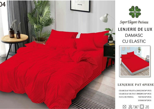 Lenjerie Bumbac Damasc Deluxe, 6 Piese cu Elastic, Rosu-SEP10642