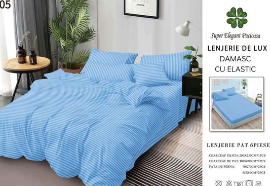 Lenjerie Bumbac Damasc Deluxe, 6 Piese cu Elastic, Bleu-SEP10643
