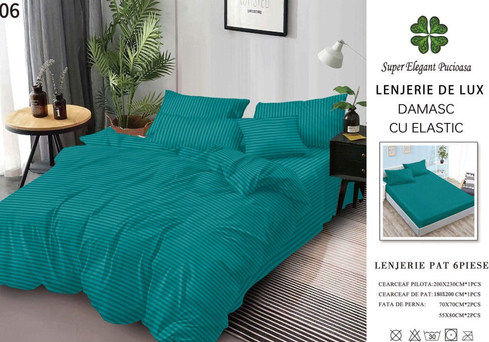 Lenjerie Bumbac Damasc Deluxe, 6 Piese cu Elastic, Turcoaz-SEP10644