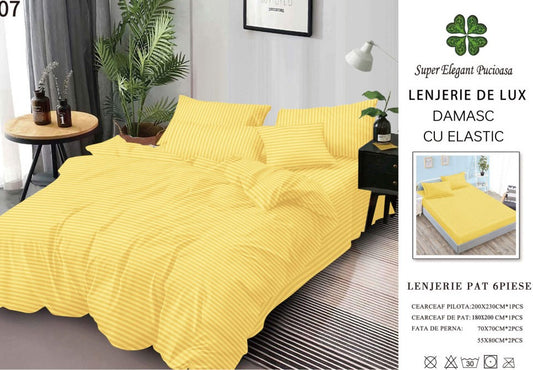 Lenjerie Bumbac Damasc Deluxe, 6 Piese cu Elastic, Galben-SEP10645
