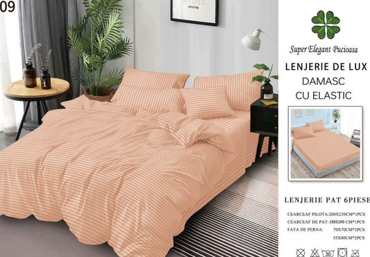 Lenjerie Bumbac Damasc Deluxe, 6 Piese cu Elastic, Portocaliu-SEP10646