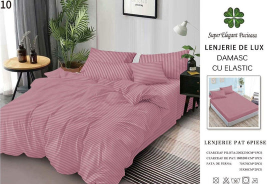 Lenjerie Bumbac Damasc Deluxe, 6 Piese cu Elastic, Roz Inchis-SEP10647
