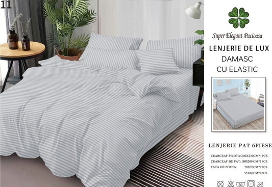 Lenjerie Bumbac Damasc Deluxe, 6 Piese cu Elastic, Gri Deschis-SEP10648