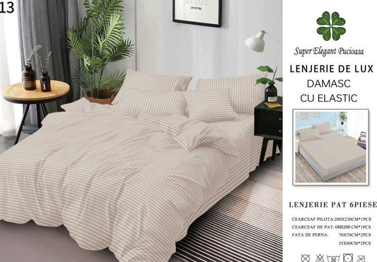 Lenjerie Bumbac Damasc Deluxe, 6 Piese cu Elastic, Cabalin-SEP10650