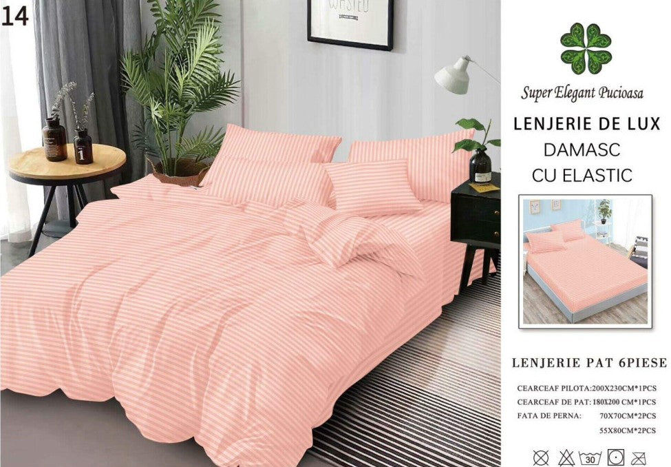 Lenjerie Bumbac Damasc Deluxe, 6 Piese cu Elastic, Corai-SEP10651