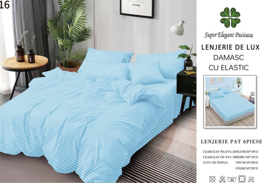 Lenjerie Bumbac Damasc Deluxe, 6 Piese cu Elastic, Bleu-SEP10653