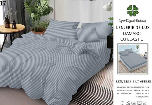 Lenjerie Bumbac Damasc Deluxe, 6 Piese cu Elastic, Gri Inchis-SEP10654