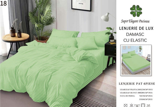 Lenjerie Bumbac Damasc Deluxe, 6 Piese cu Elastic, Verde-SEP10655