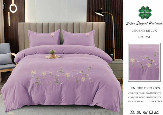 Lenjerie Luxury din Finet Superior, 4 Piese, cu Broderie, Lila-SEP10671