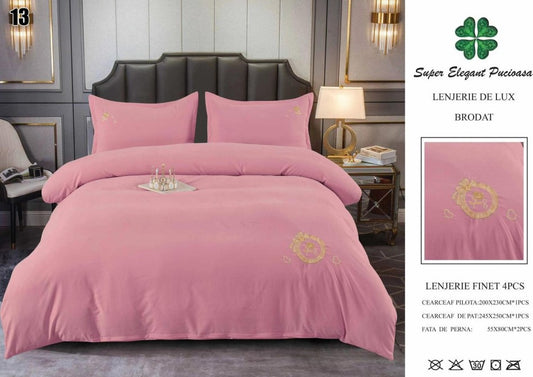 Lenjerie Luxury din Finet Superior, 4 Piese, cu Broderie, Roz Bujor-SEP10683